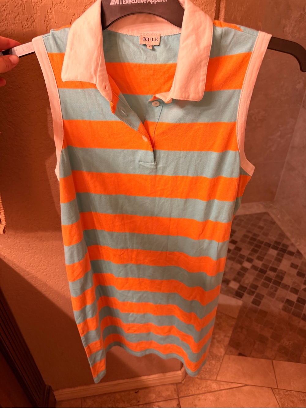 KULE Sleeveless Polo Dress in Orange and Light Blue Stripes